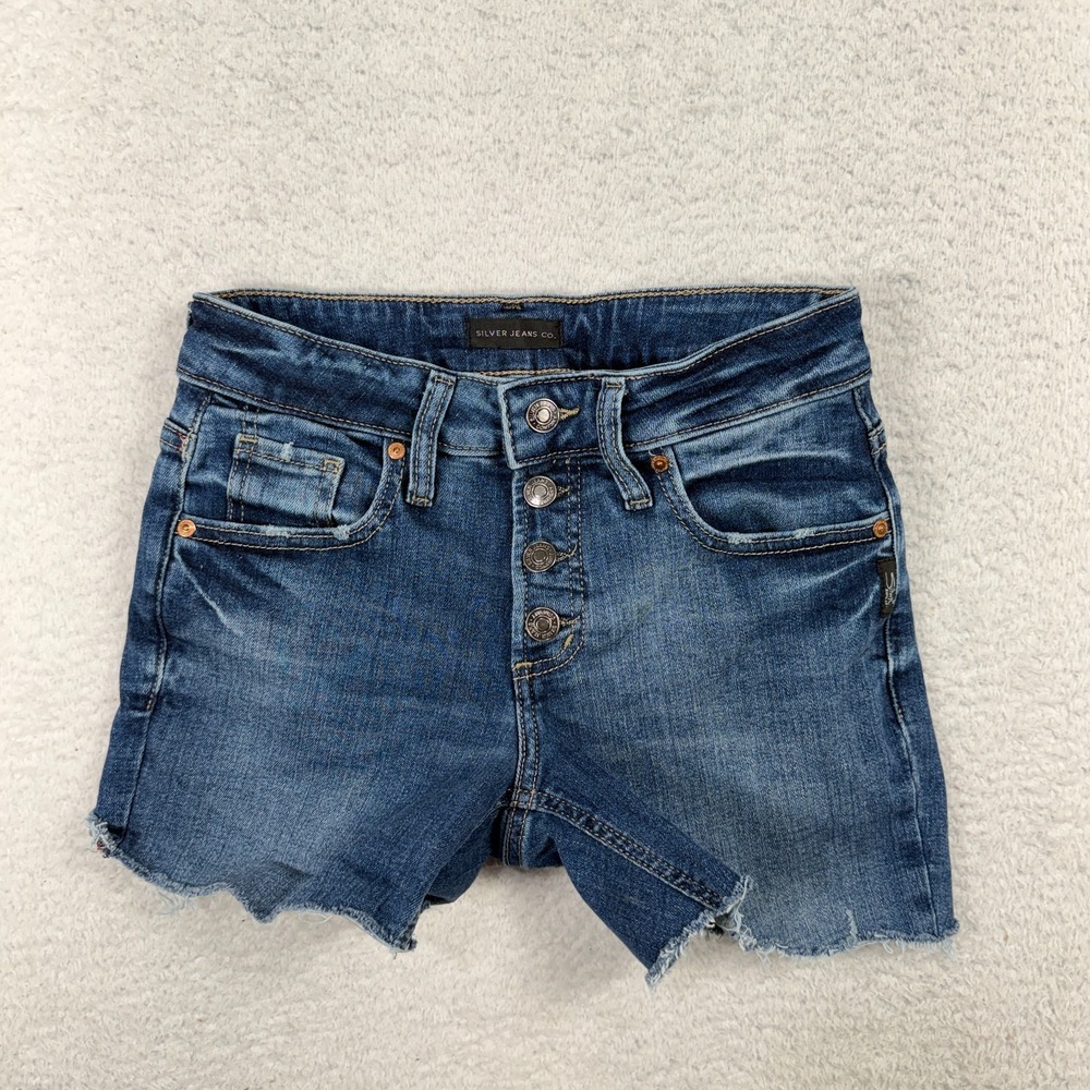 Silver Jeans Boyfriend Shorts Blue Denim Mid Rise Button Front Cut Off 24 W25